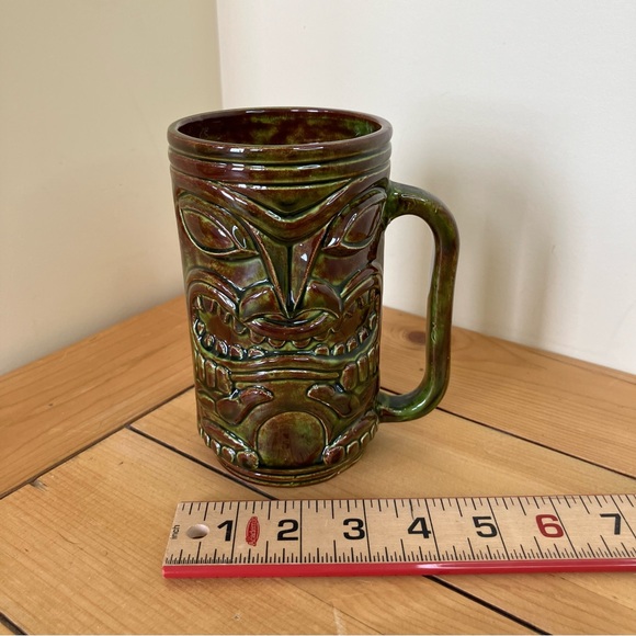 Hawaiian Tiki Double Face Mug Green & Brown Glaze Ceramic Cup with Handle 20 oz - Picture 5 of 9